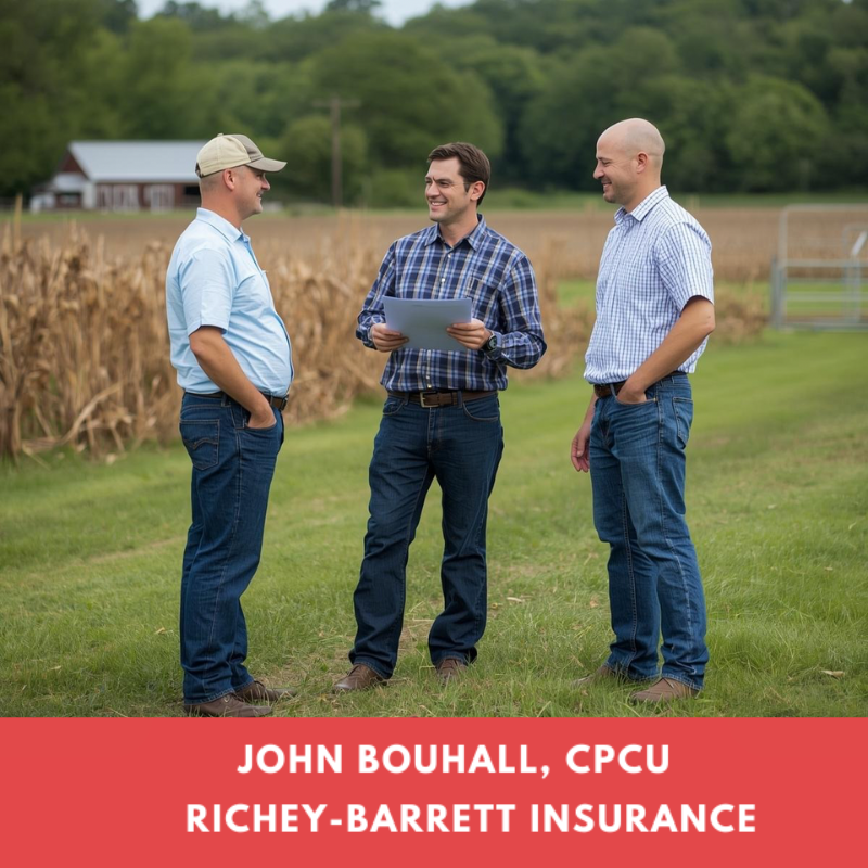 Three men stand in a grassy field, two in checkered shirts, one in a cap. They chat amiably, with cornfields and a barn in the background.