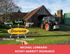 A tractor in front of a barn, surrounded by farm buildings. An overlay highlights key insurance benefits with words like "Security" and "Coverage."