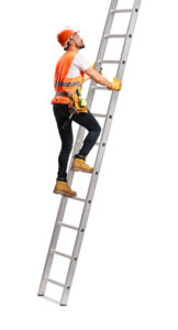 Worker in a reflective vest and helmet climbing a ladder isolated on white background